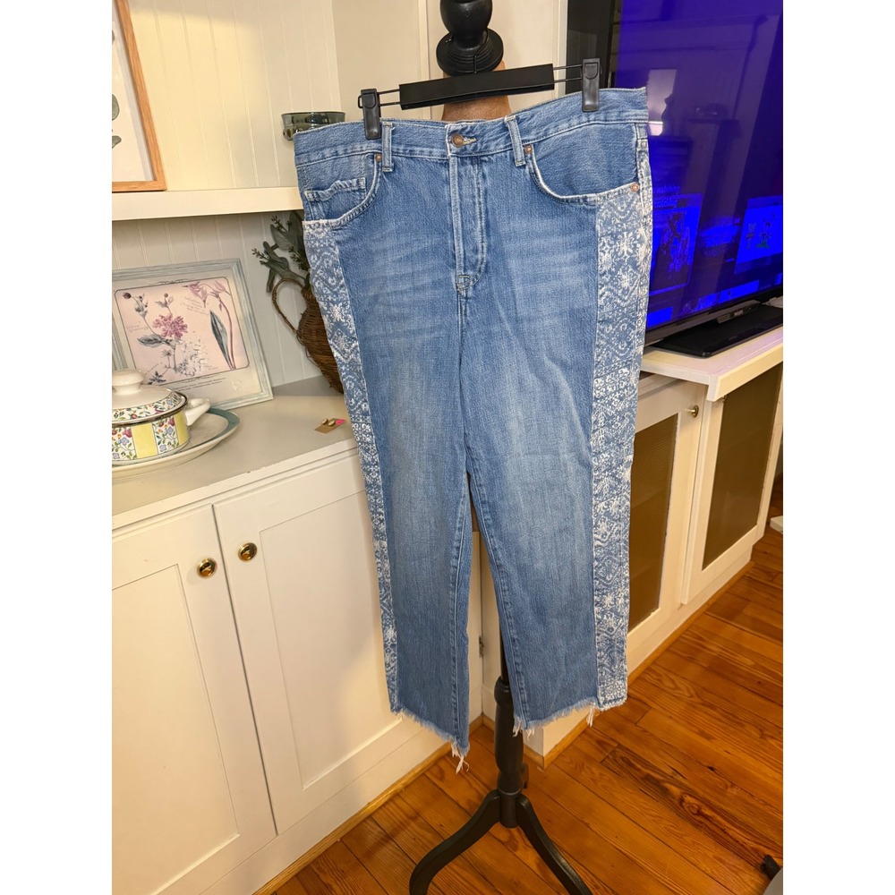 We The Free People Embroidered Side Stripe Straight Leg Jeans Blue 30 Raw Hem
